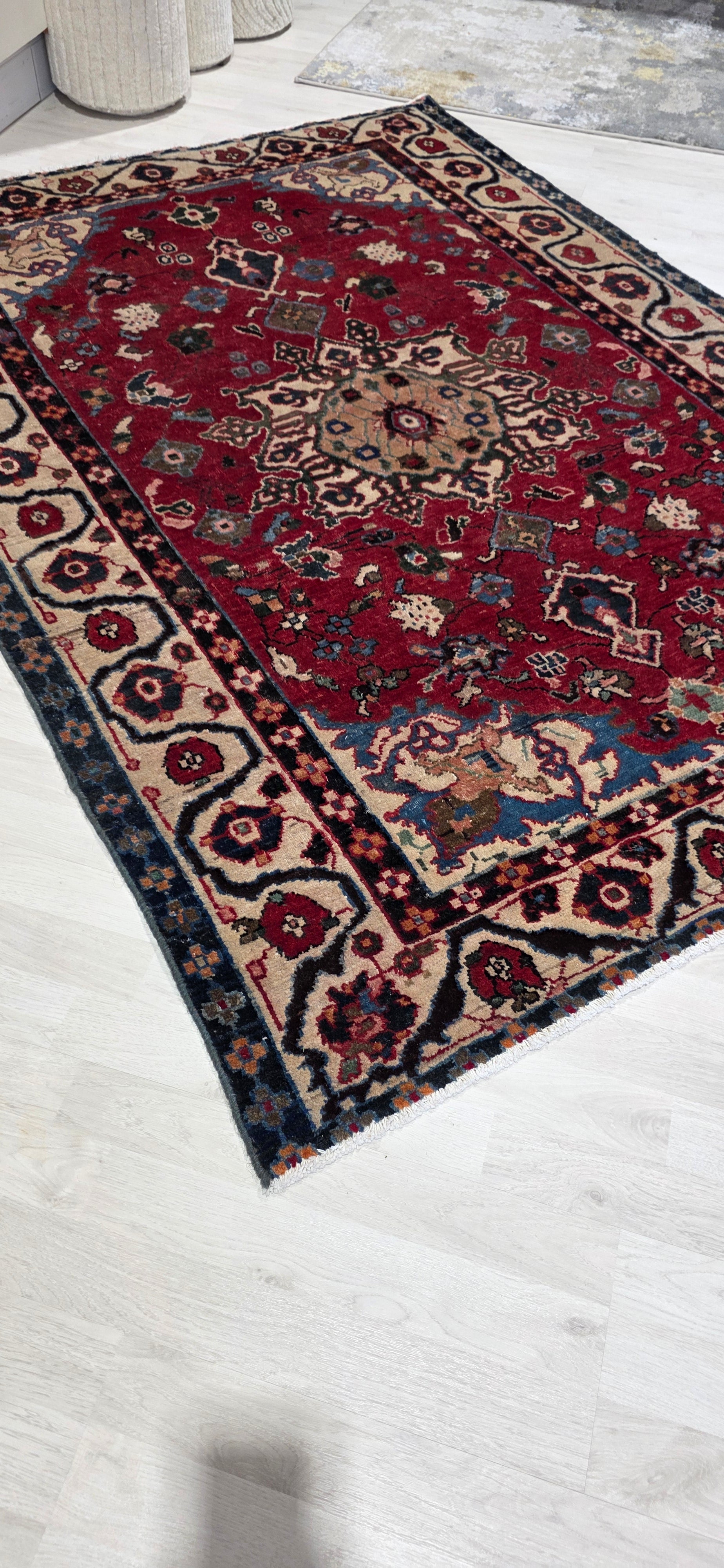 4'6" x 6'4" Antique Persian Hand-Knotted Wool Rug - Burgundy - One of a Kind