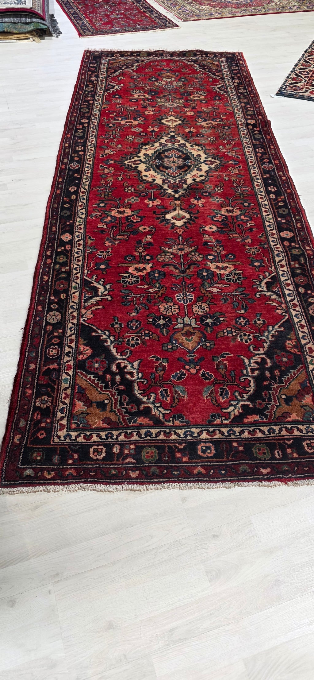 Vintage Persian Runner Rug 3'8" x 10'6" - Hand Knotted - Rich Red - 15-20 Years Old