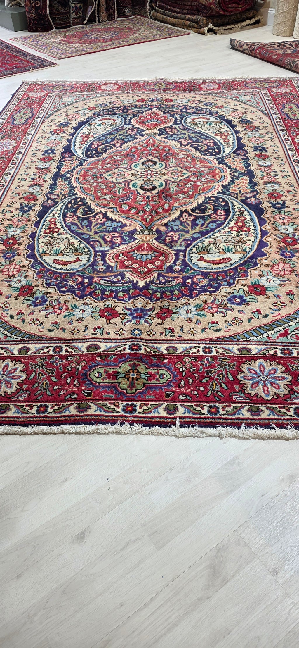 6'6" x 9'6" Antique Persian Hand-Knotted Wool Rug - Red Navy