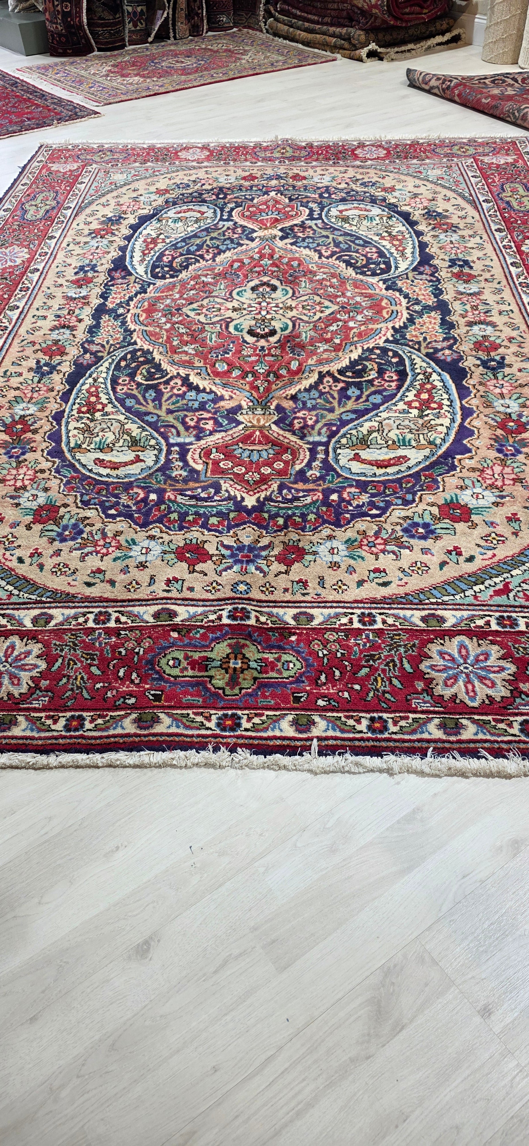 6'6" x 9'6" Antique Persian Hand-Knotted Wool Rug - Red Navy