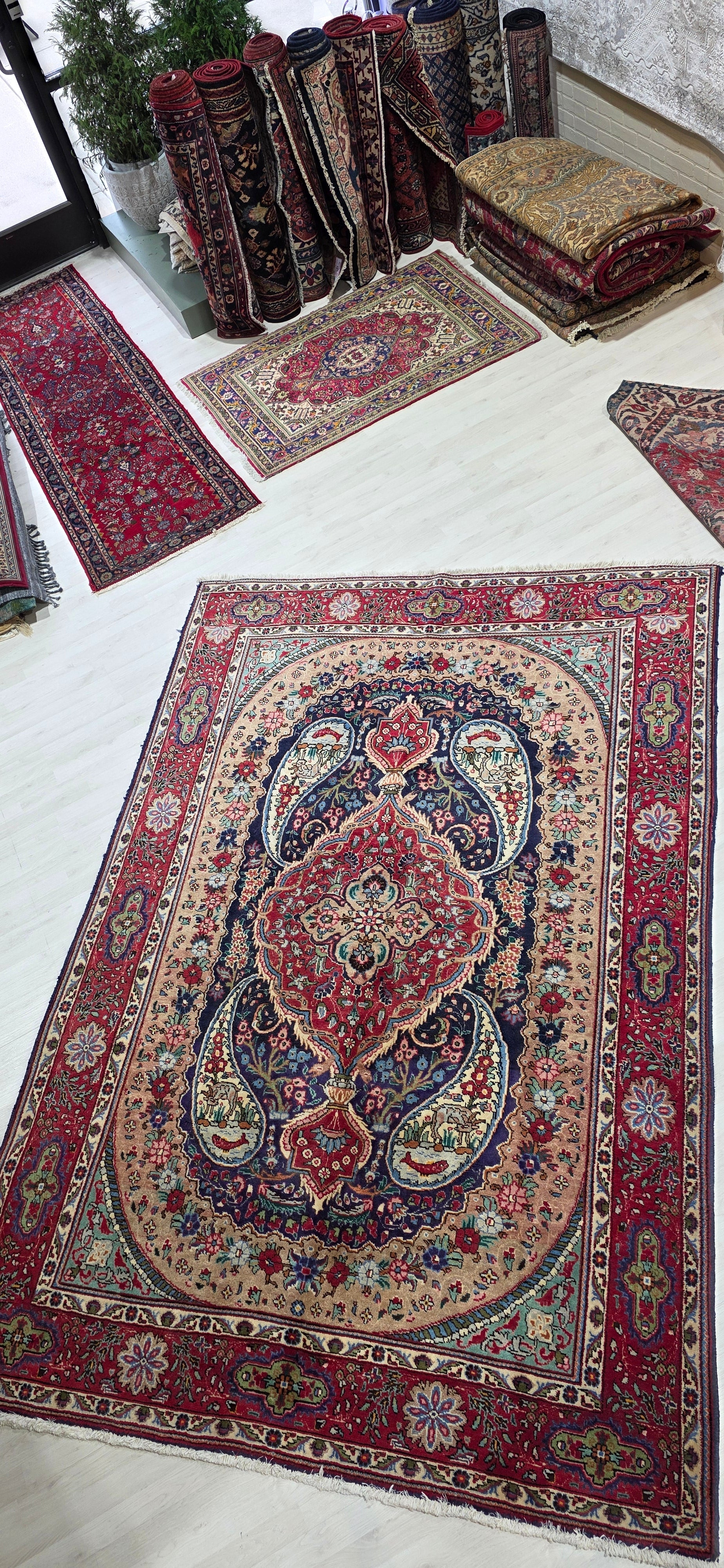 6'6" x 9'6" Antique Persian Hand-Knotted Wool Rug - Red Navy