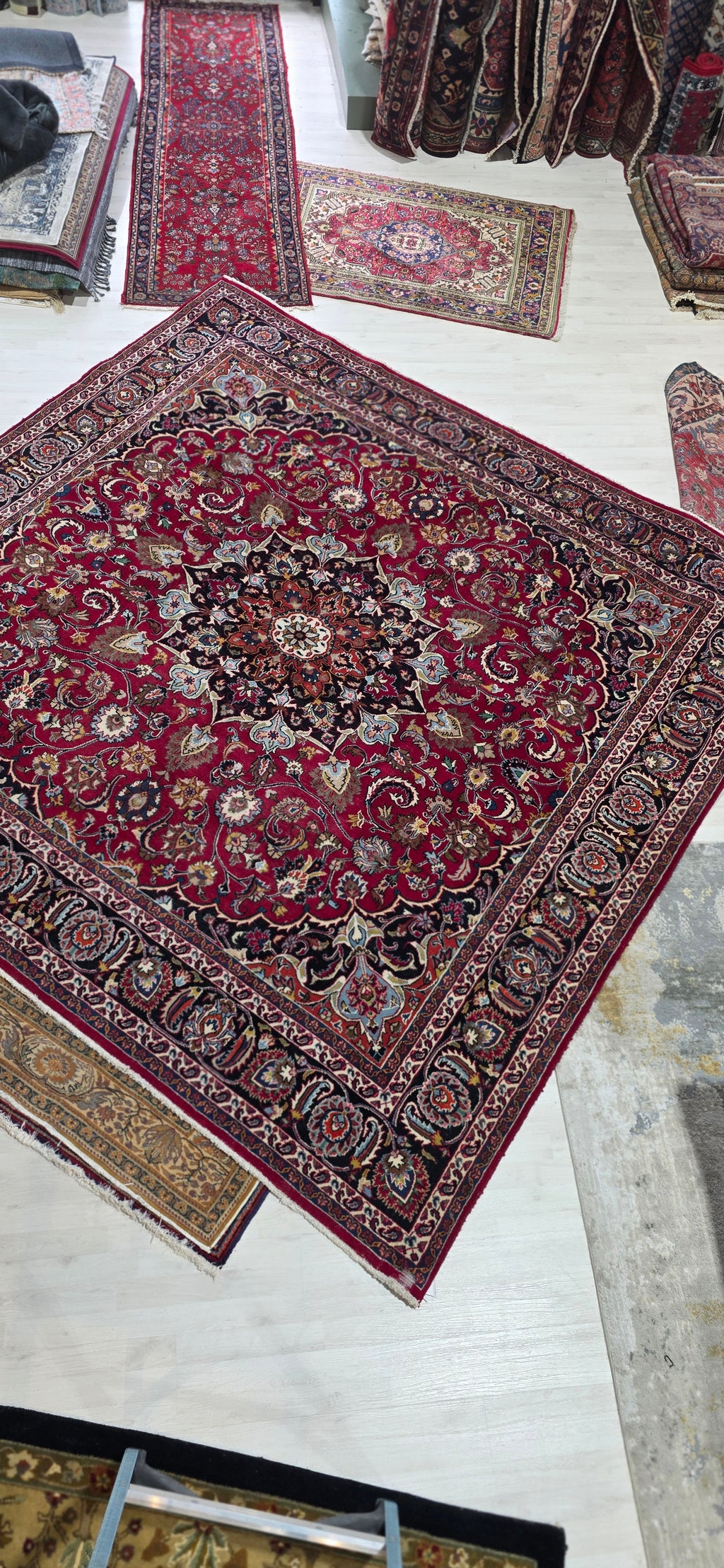 9'7" x 9'7" Square Antique Persian Hand-Knotted Wool Rug - Red