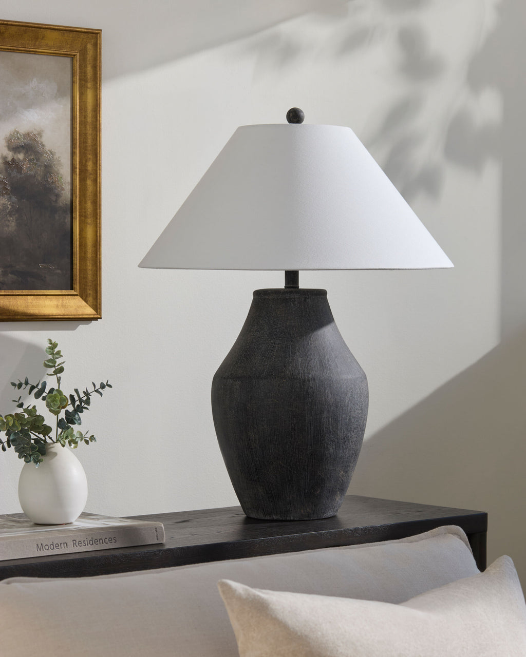 Elegant Ceramic Table Lamp 28"H - Hand-Painted Black with White Linen Shade by Surya