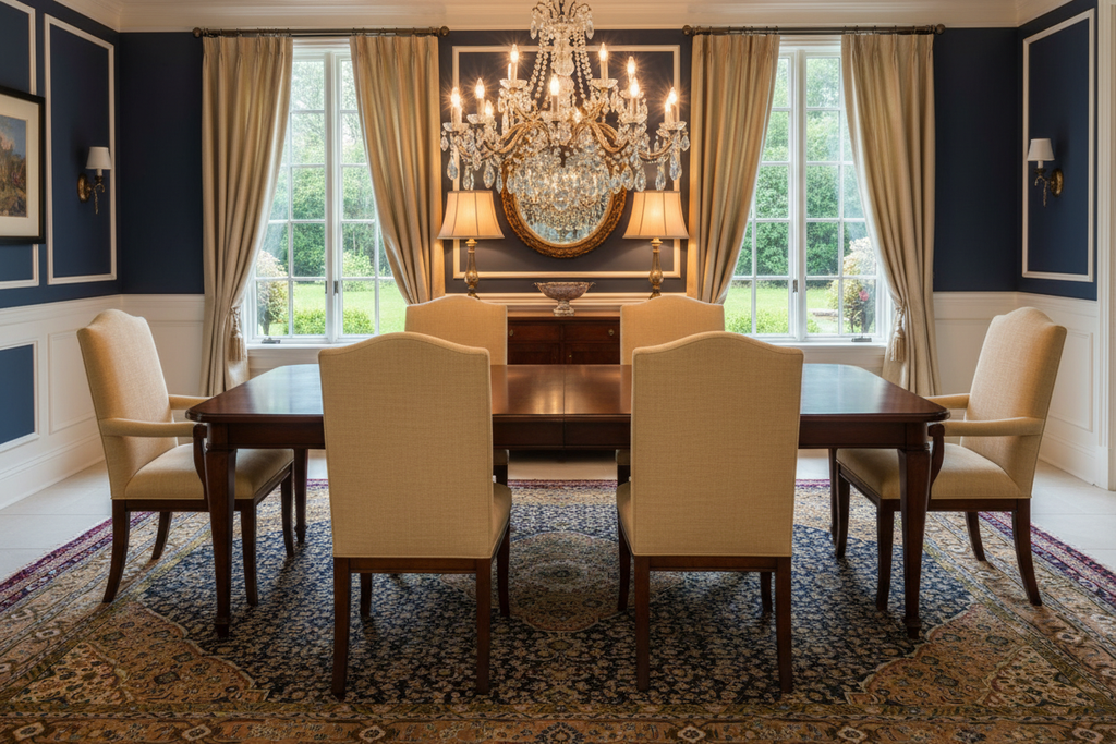 Dining Room with Navy and Tan Persian Rug