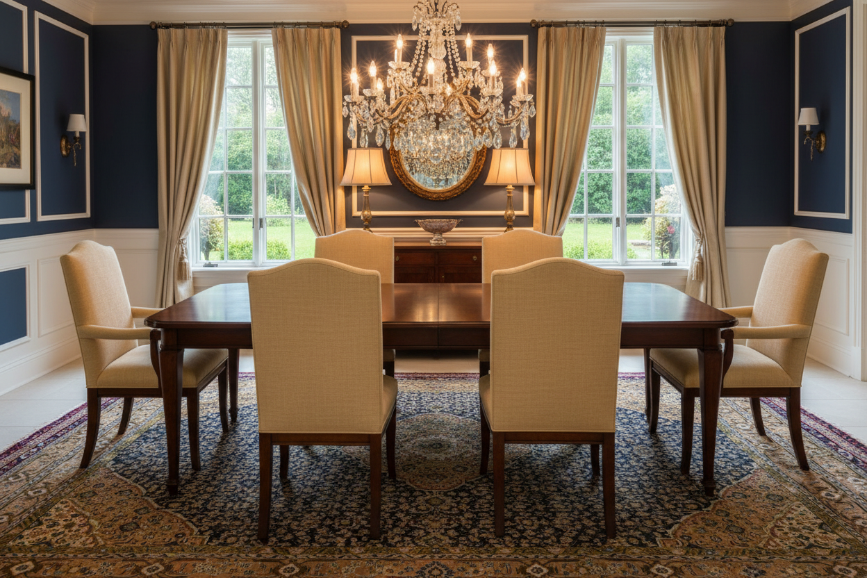 Dining Room with Navy and Tan Persian Rug