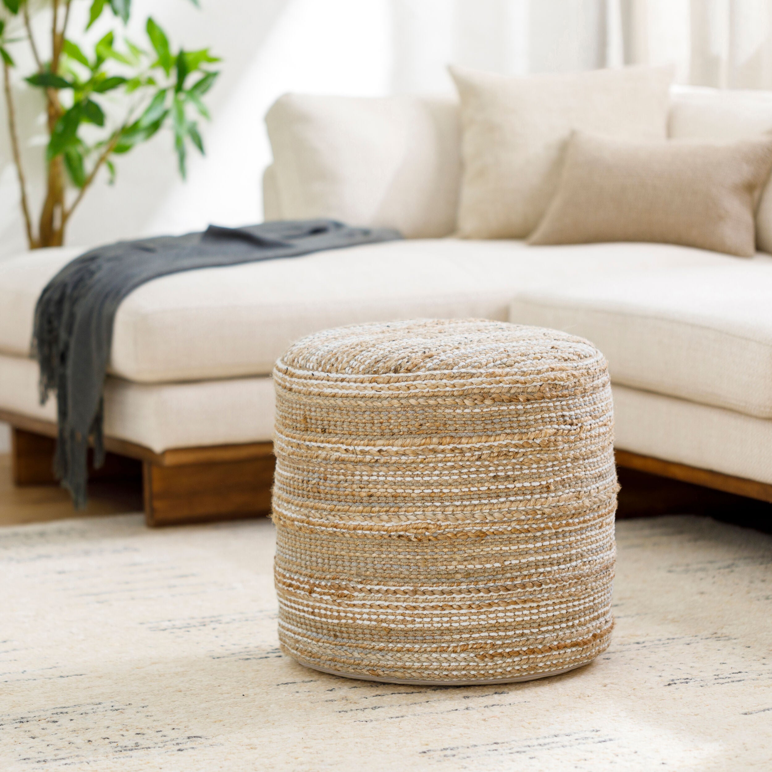 Handwoven Jute Cotton Pouf 18"H x 18"W x 18"D - Natural Fiber Ottoman by Surya