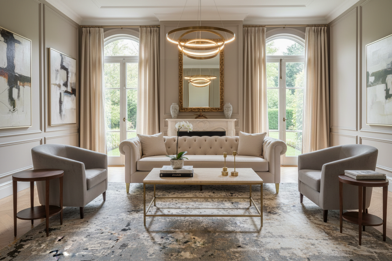 Masterpiece hand-knotted rug 8' x 11' in luxury living room - investment quality - wool viscose