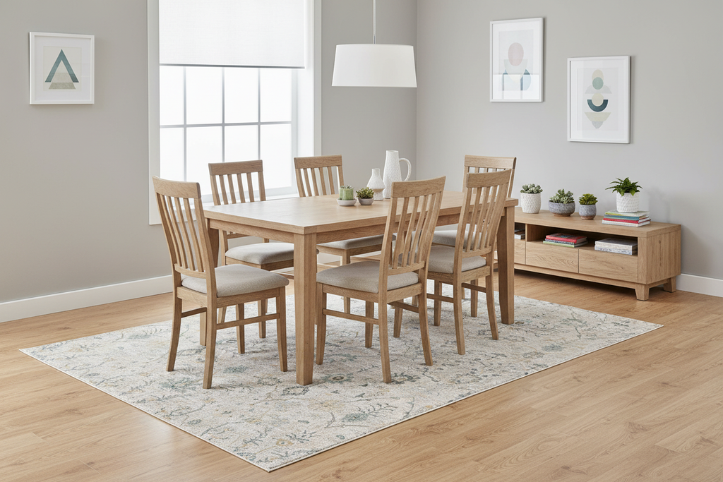 Easy-care machine-woven area rug in casual dining room - stain resistant
