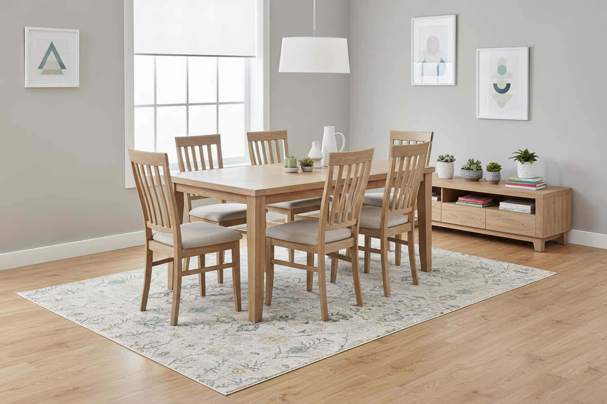 Easy-care machine-woven area rug in casual dining room - stain resistant