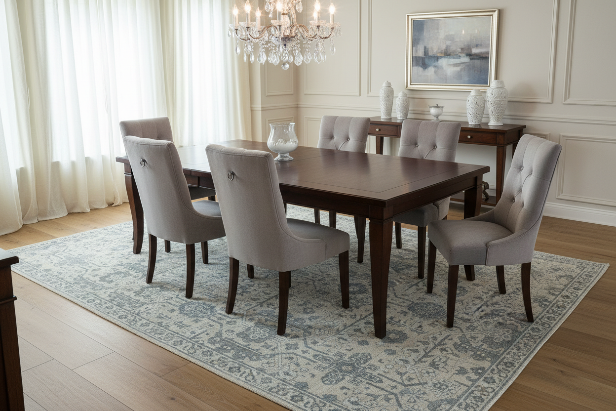 Hand-knotted viscose wool area rug in elegant dining room - investment quality