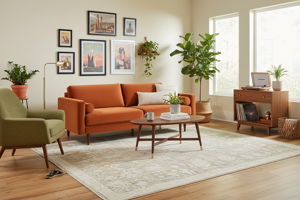 Heirloom hand-knotted wool rug with vintage-retro design in living room