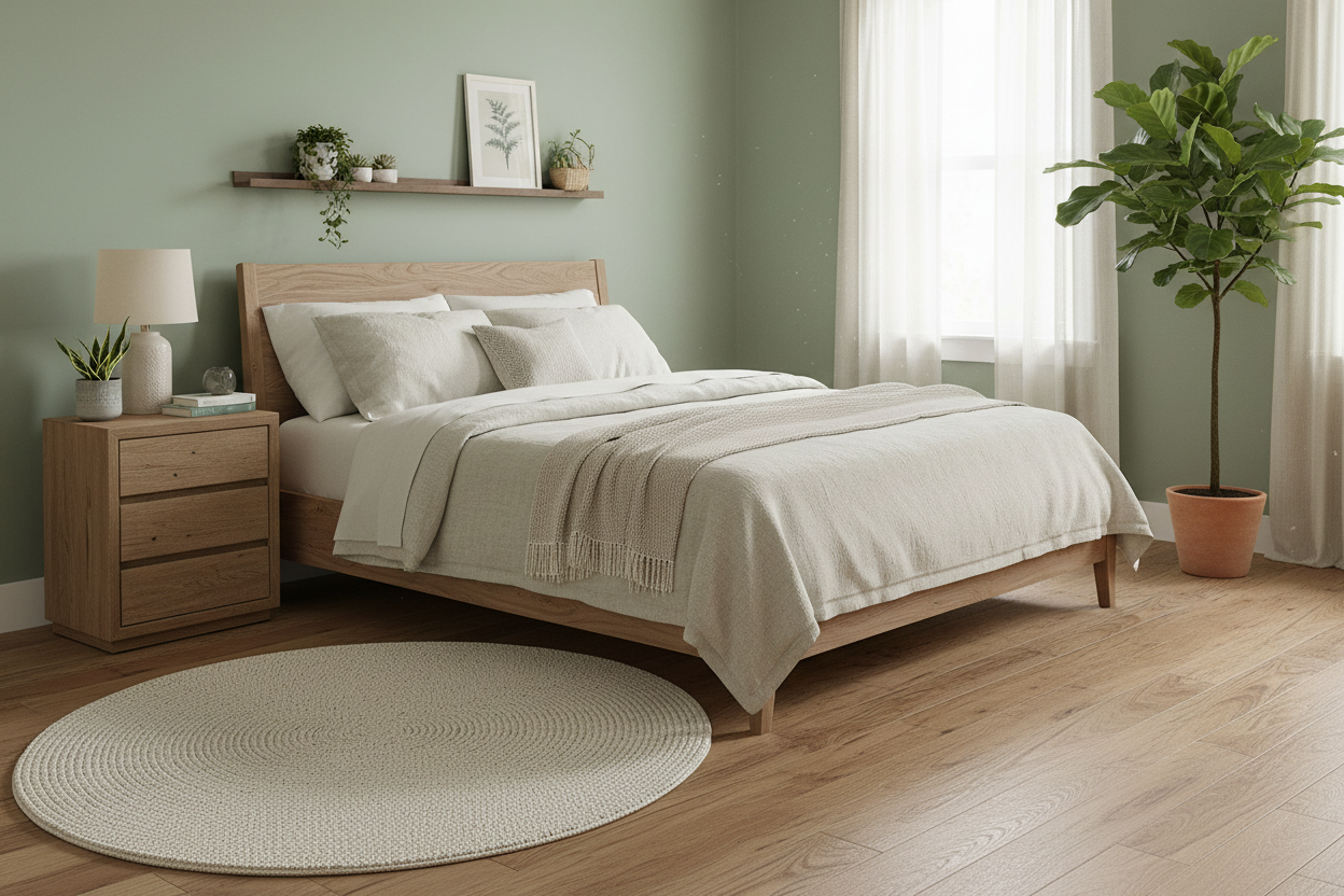 Recycled PET hand-woven rug in bedroom - perfect for eco-conscious homeowners - ready to ship