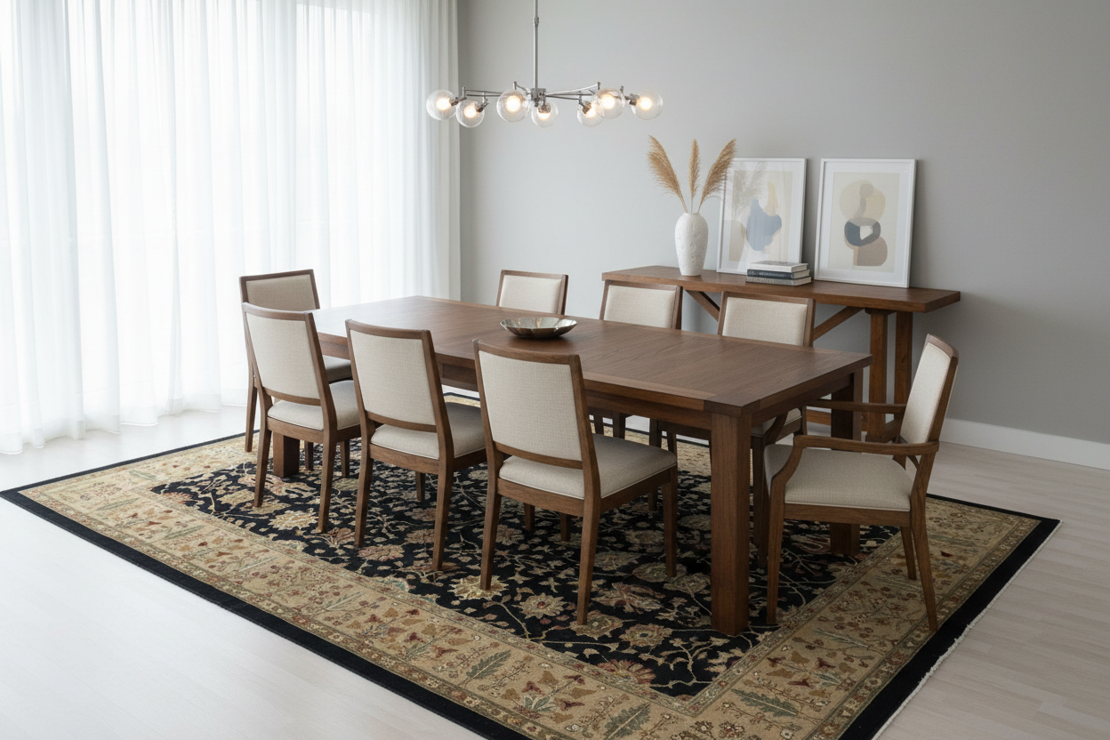 Turkish hand-tufted rug in elegant dining room - home staging for realtors - multi-color design