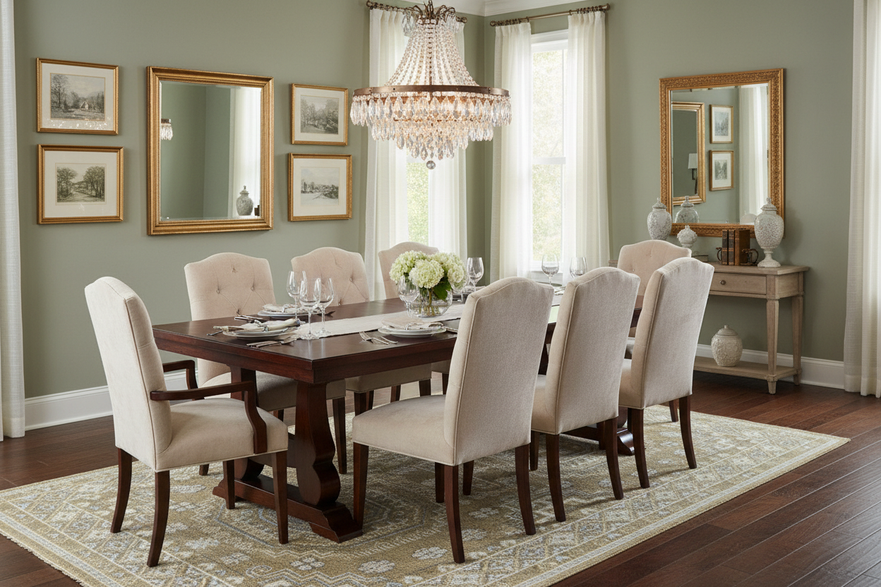 Hand-knotted wool viscose area rug in elegant dining room - investment quality