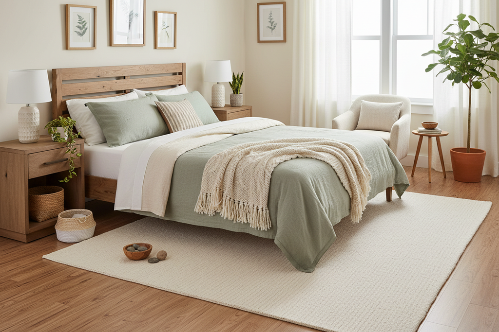 Recycled PET hand-woven rug in bedroom - perfect for eco-conscious homeowners - ready to ship