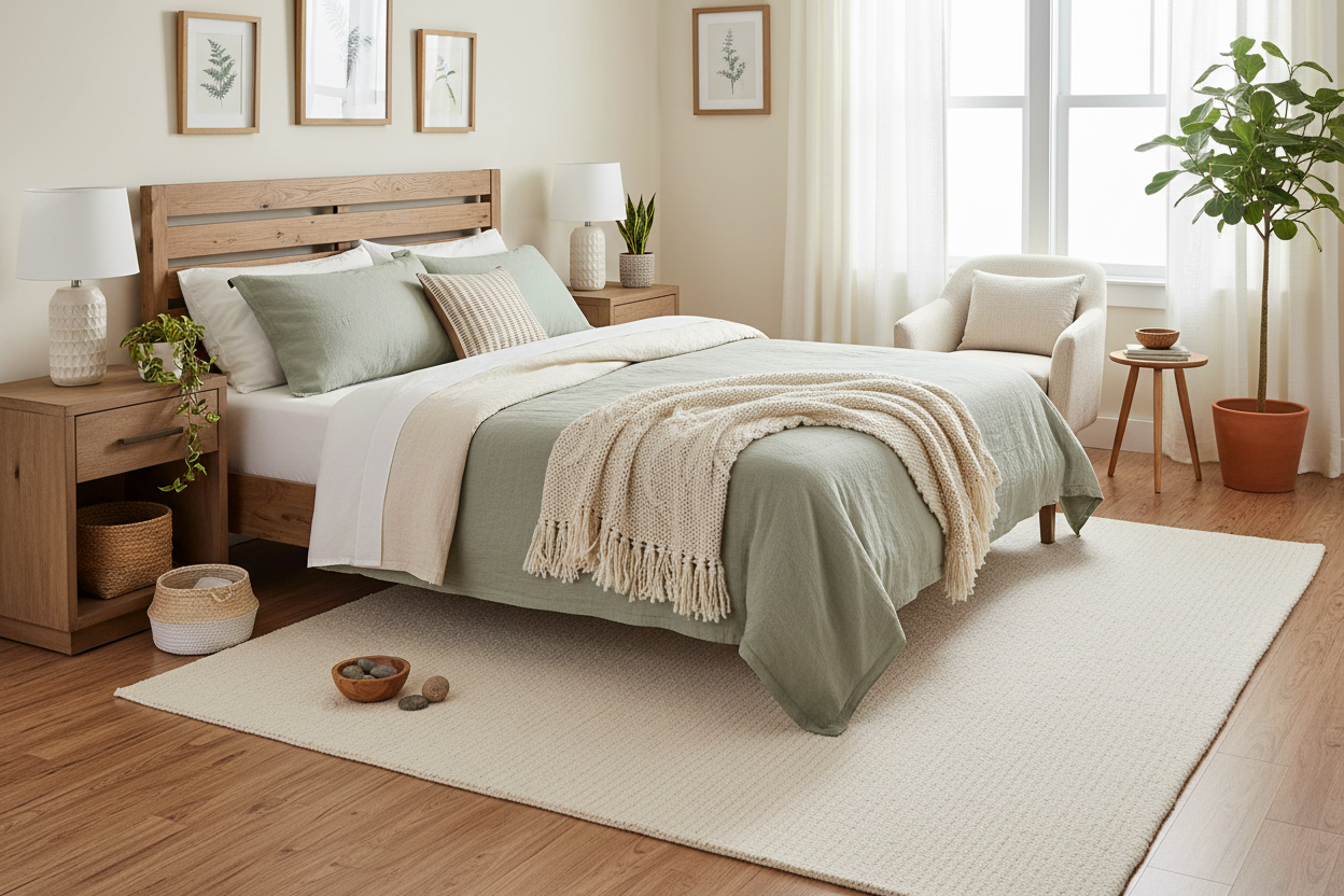 Recycled PET hand-woven rug in bedroom - perfect for eco-conscious homeowners - ready to ship