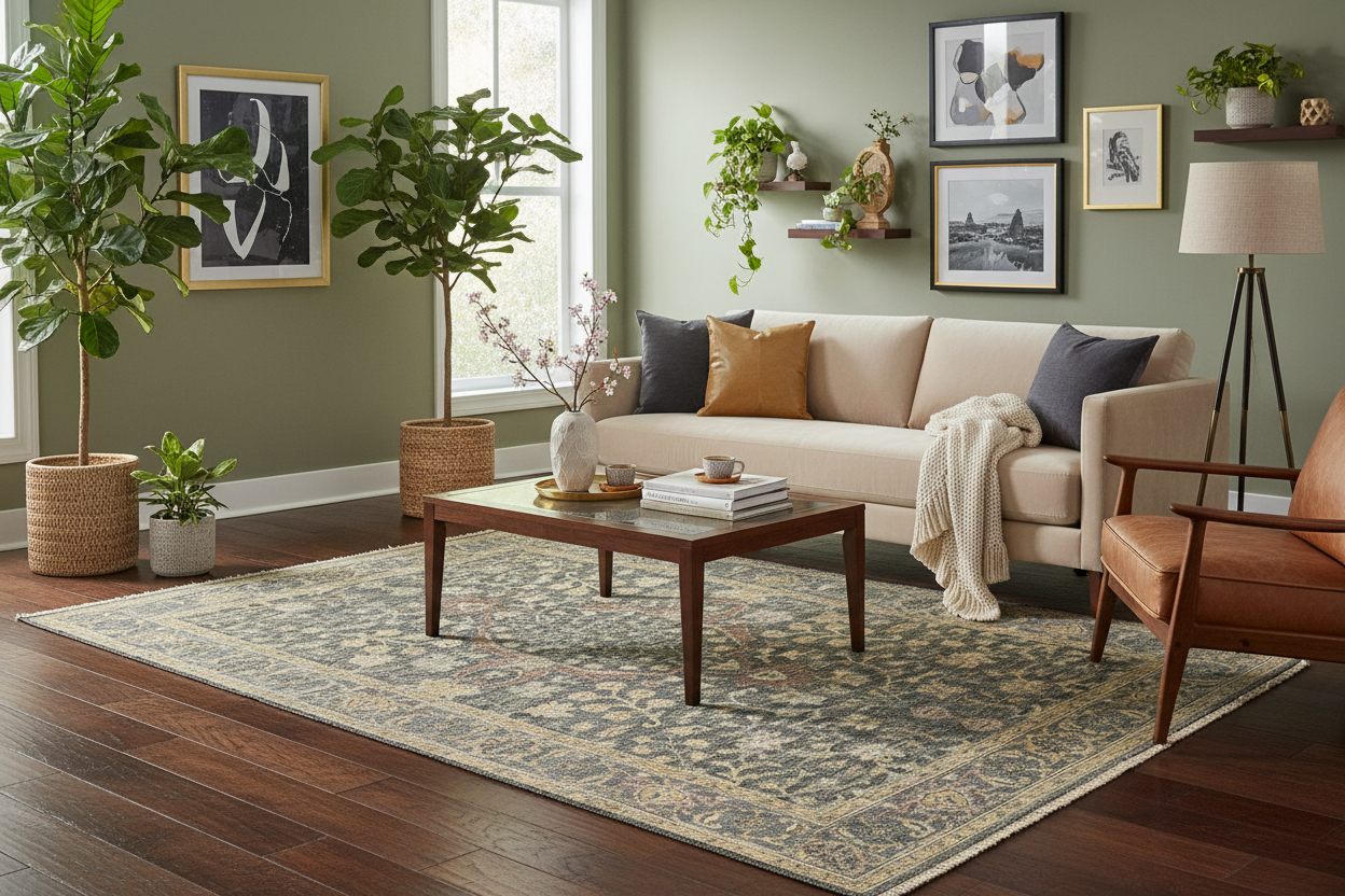 Elegant hand-knotted wool rug 8x10 with high-low texture in living room