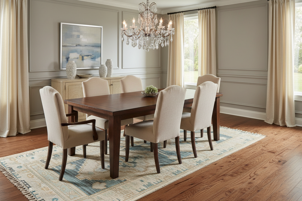 Hand-knotted wool viscose area rug in elegant dining room - investment quality