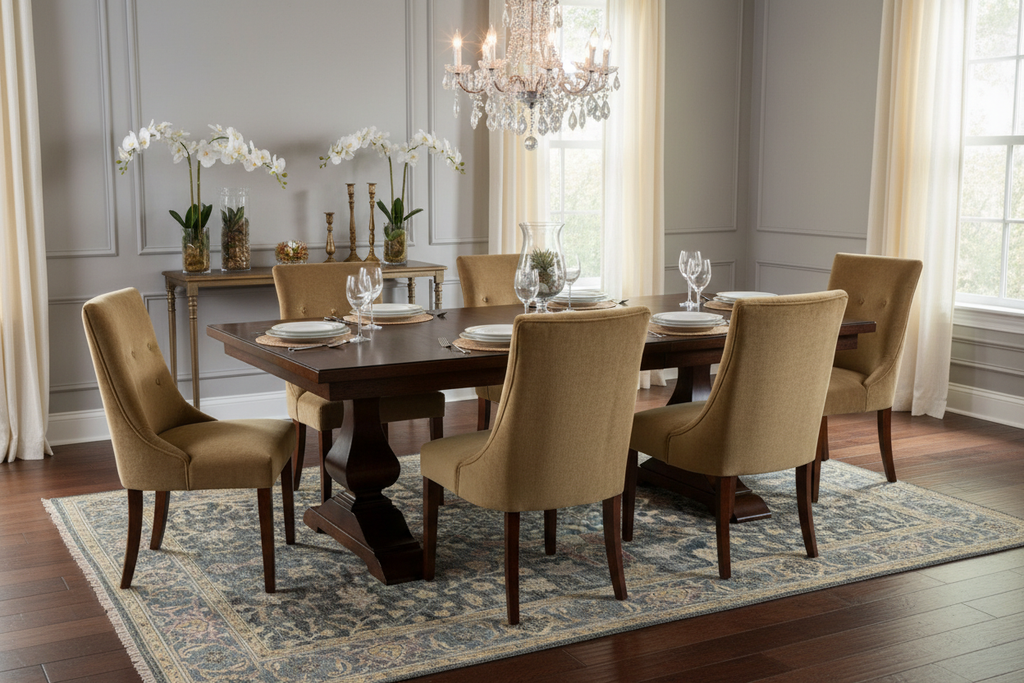 Hand-knotted 100% wool area rug with fringe in elegant dining room