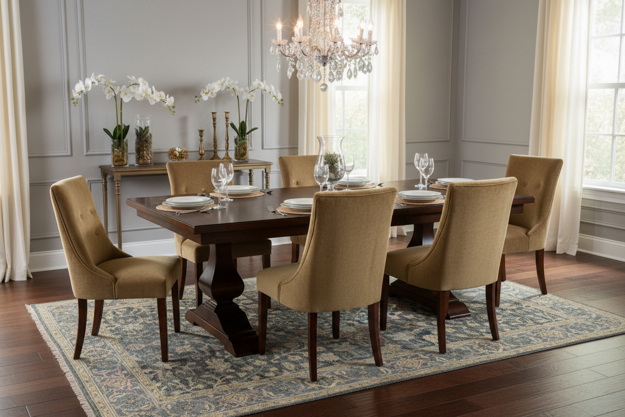 Hand-knotted 100% wool area rug with fringe in elegant dining room