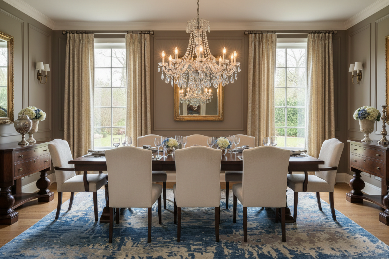 Hand-tufted area rug 8x11 in elegant dining room - home staging for realtors - premium Surya quality