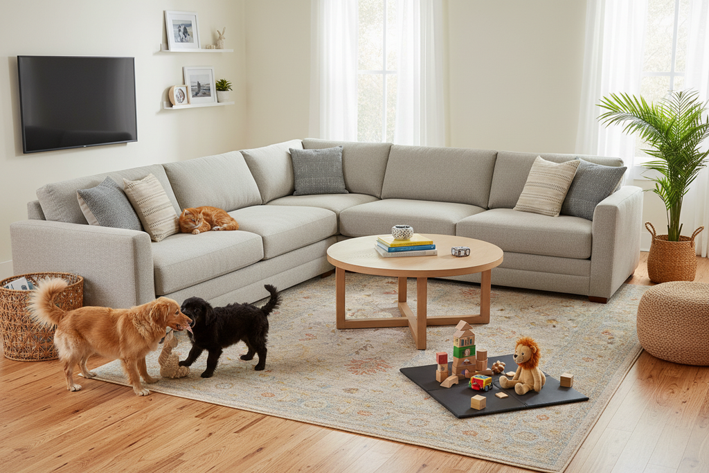Durable machine-woven polyester rug in family-friendly living room - pet and kid friendly
