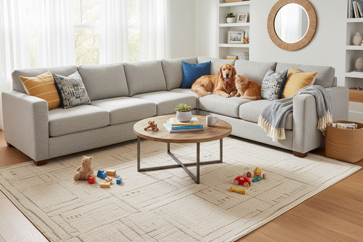 Durable machine-woven rug in family-friendly living room - pet and kid friendly