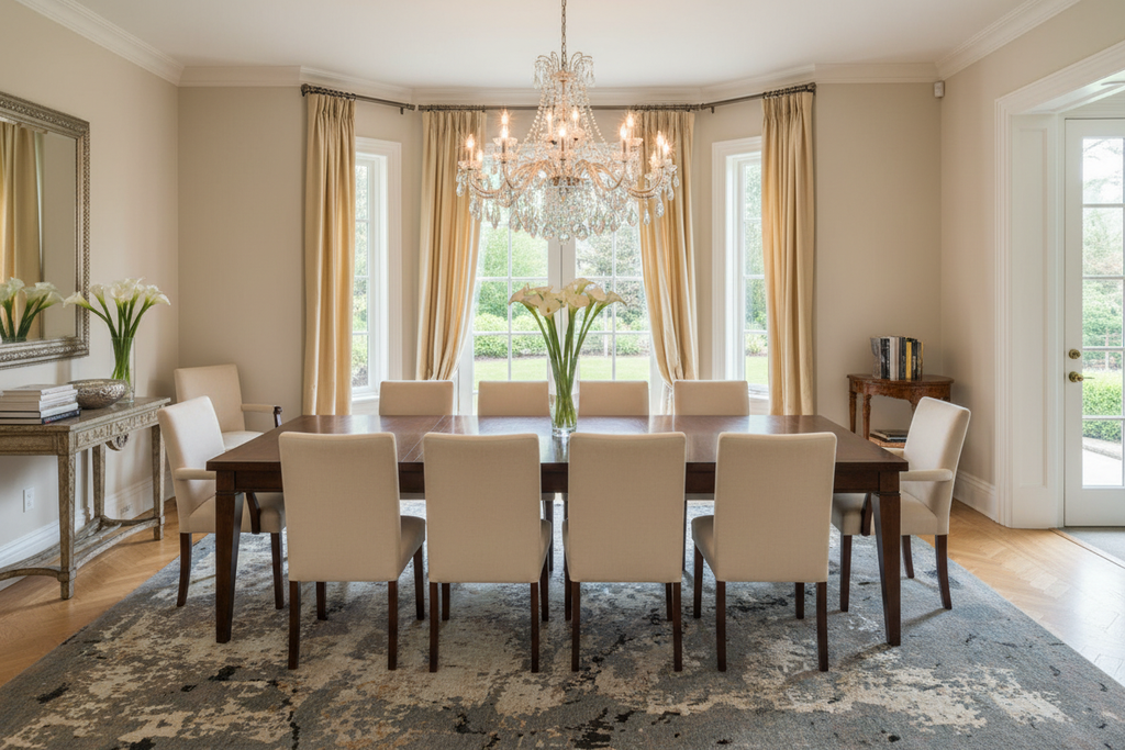 Hand-knotted masterpiece area rug 8x11 in elegant dining room - heirloom quality - Surya