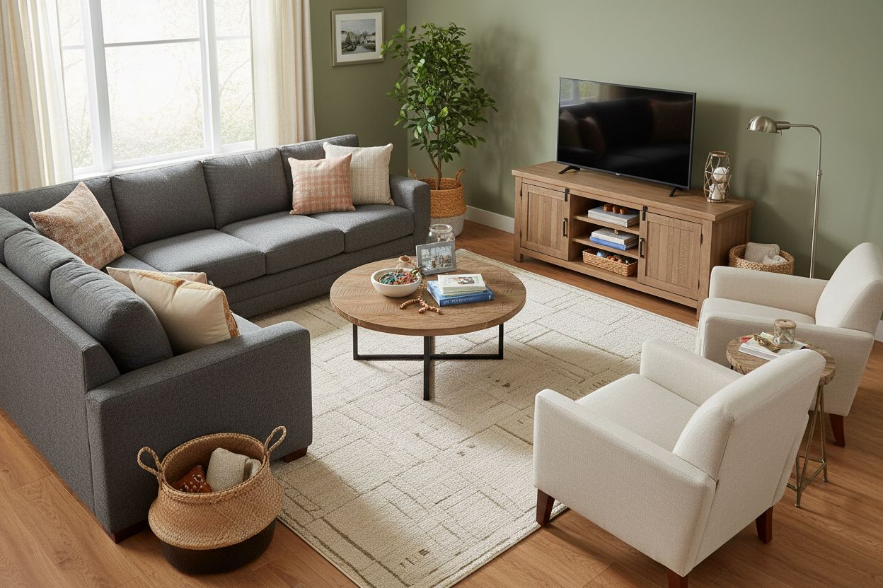 Stain-resistant machine-woven rug in cozy family room - ready to ship