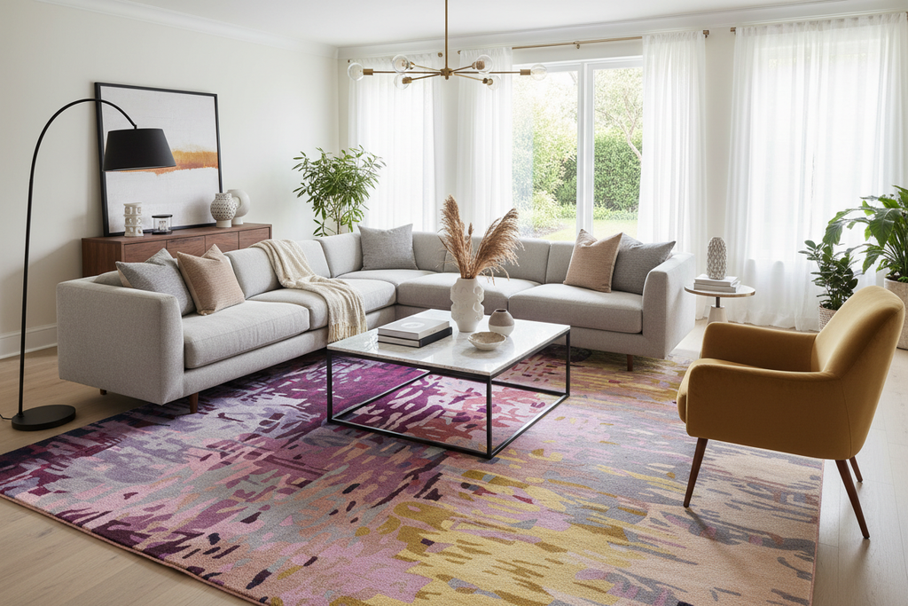 Luxurious hand-tufted rug 8' x 11' in modern living room - interior designer quality - wool viscose blend with lustrous sheen