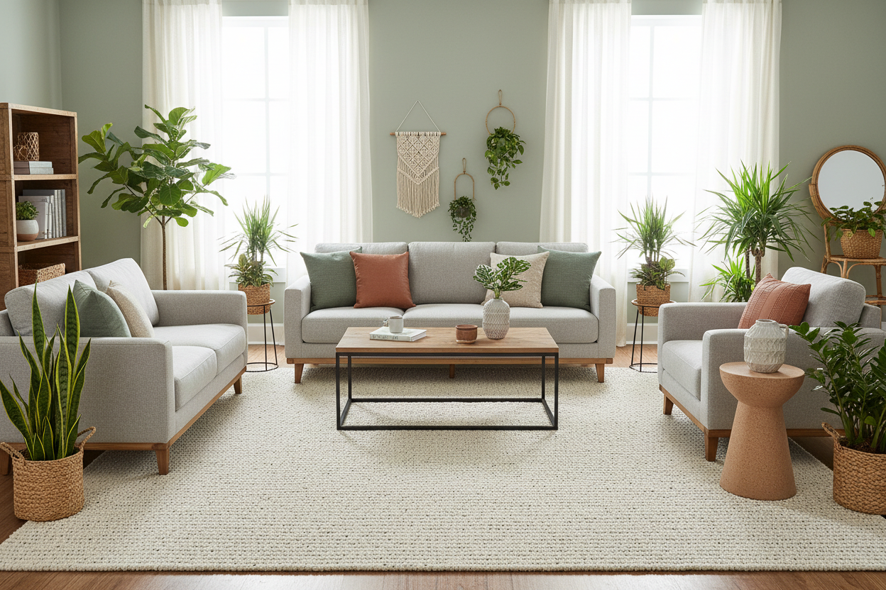 Sustainable hand-woven rug 8' x 10' in modern living room - recycled polyester - eco-friendly green living