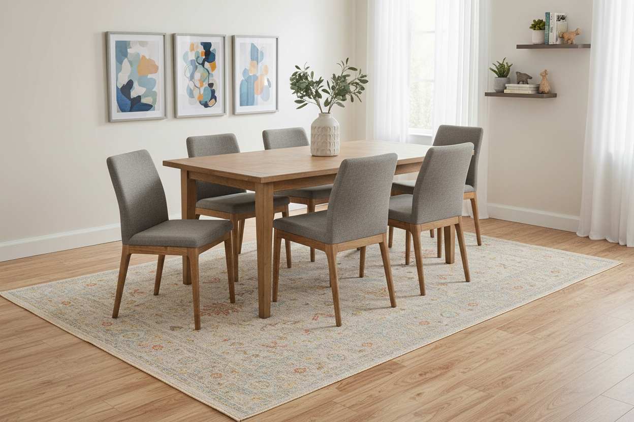 Easy-care machine-woven area rug in casual dining room - stain resistant