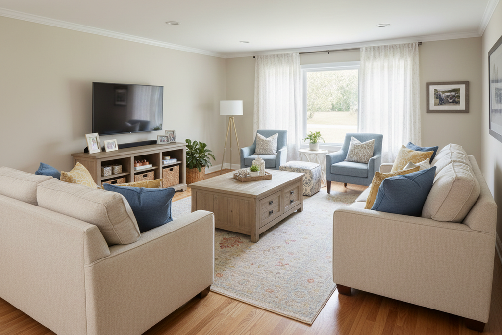 Stain-resistant machine-woven rug in cozy family room - ready to ship
