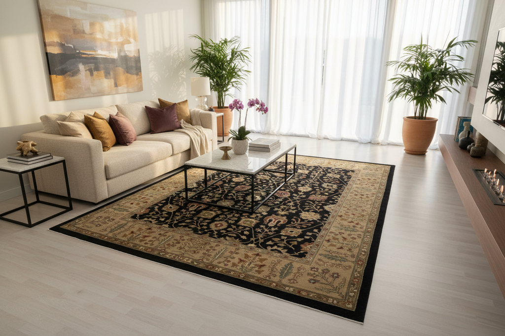 Turkish hand-tufted area rug 8'6" x 11'3" in modern living room - interior designer staging - multi-color floral pattern