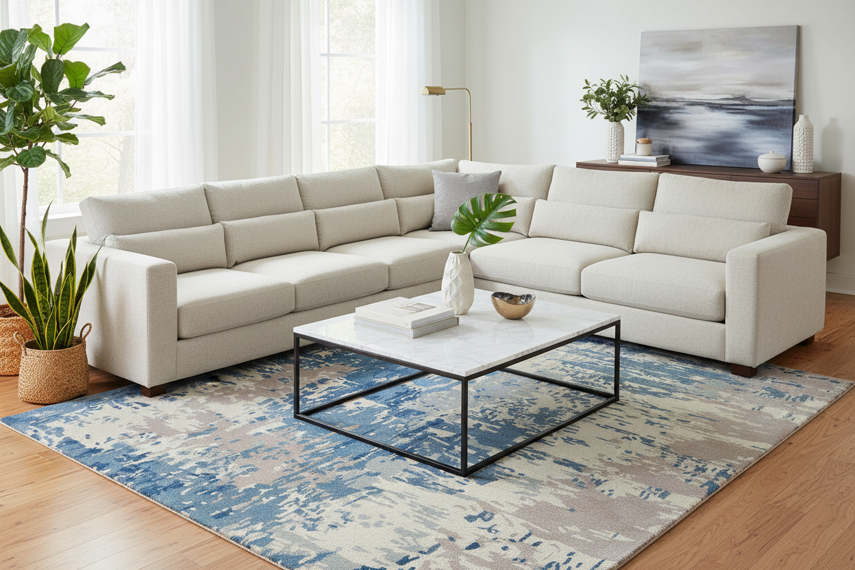 Premium hand-tufted rug 8' x 11' in modern living room - interior designer quality - wool viscose blend with lustrous sheen