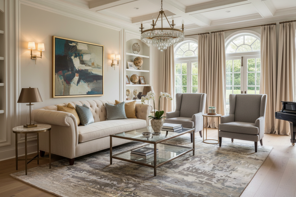 Heirloom hand-knotted rug 8' x 11' in luxury living room - investment quality - wool viscose blend