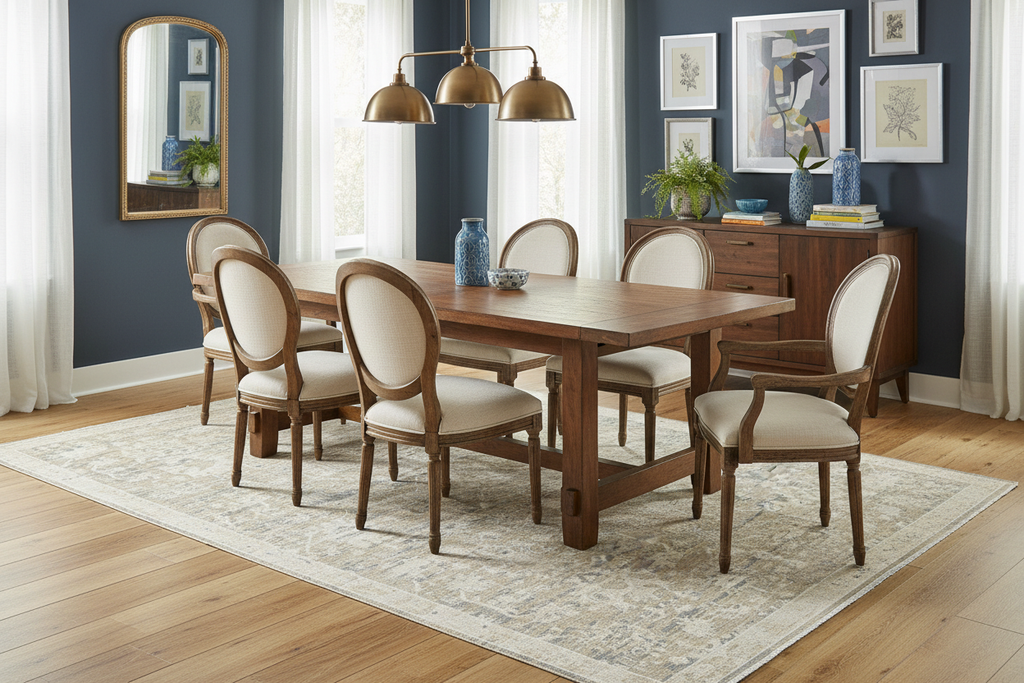 Hand-knotted 100% wool area rug in stylish dining room - heirloom quality