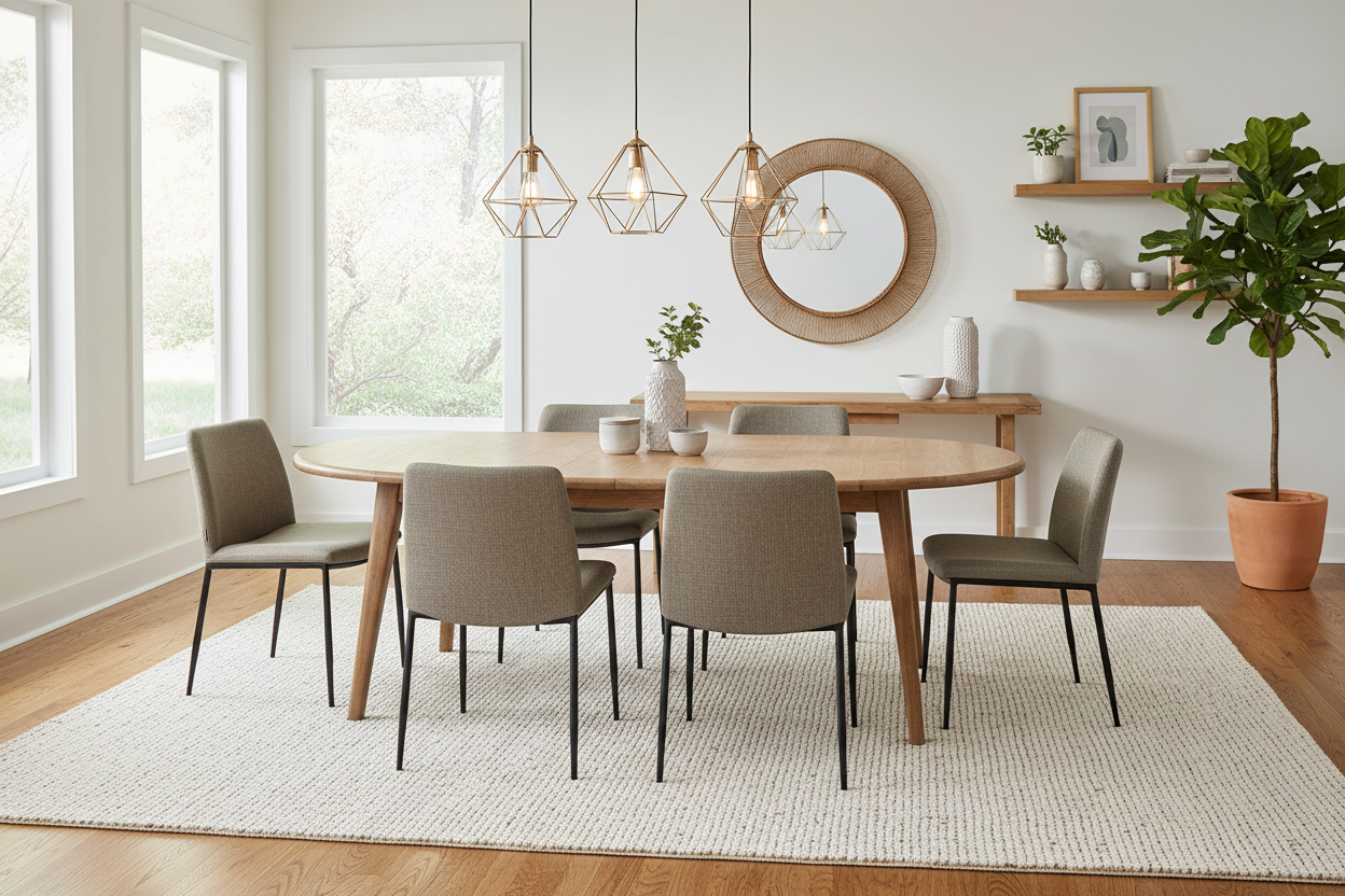 Eco-friendly hand-woven area rug 8x10 in dining room - sustainable for realtors - Surya quality