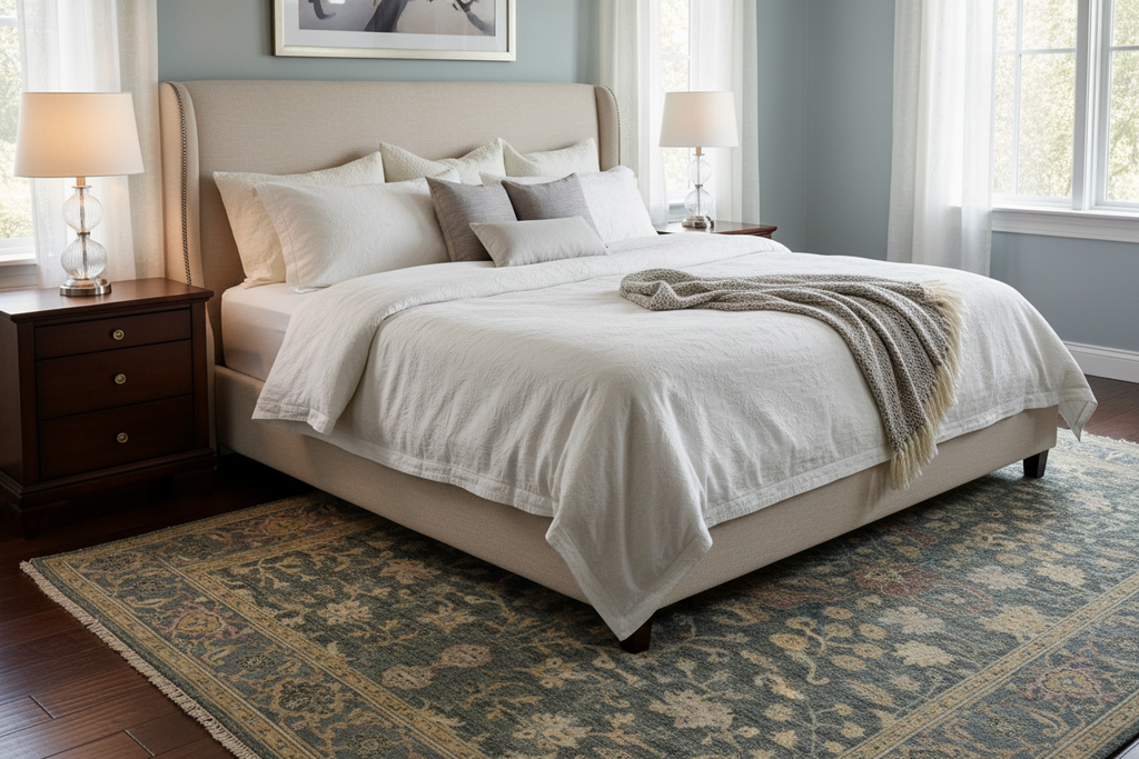 Plush hand-knotted wool rug in master bedroom - heirloom quality