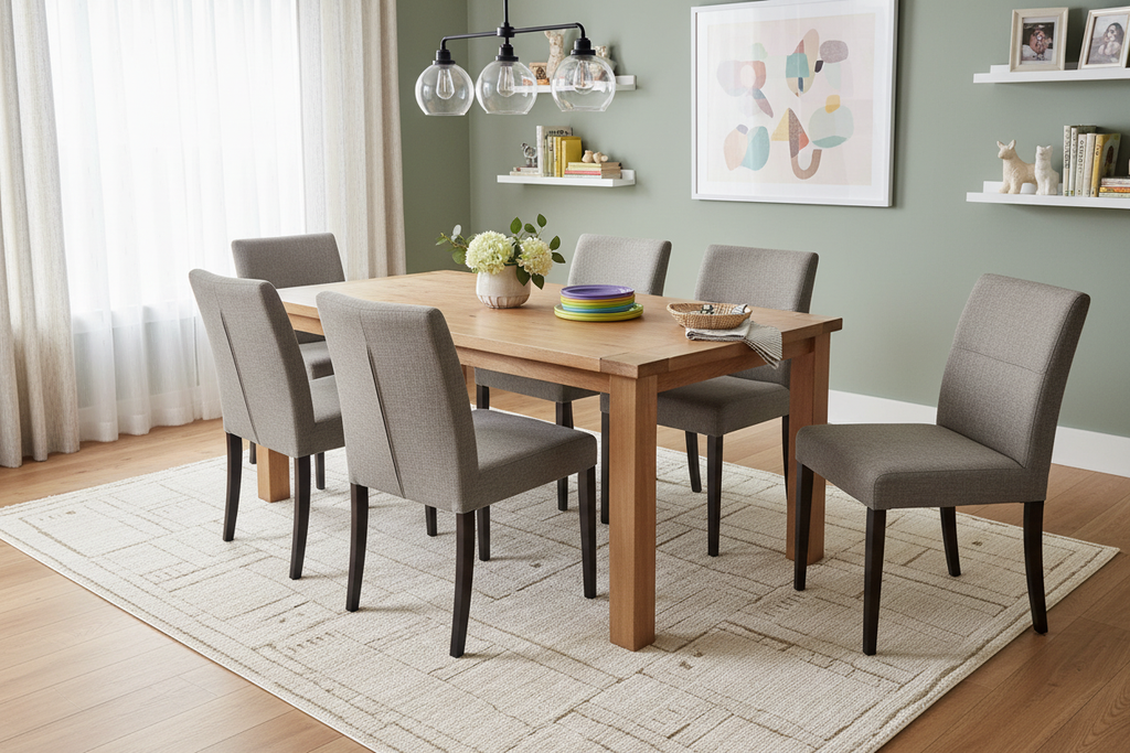 Easy-care machine-woven area rug in casual dining room - stain resistant