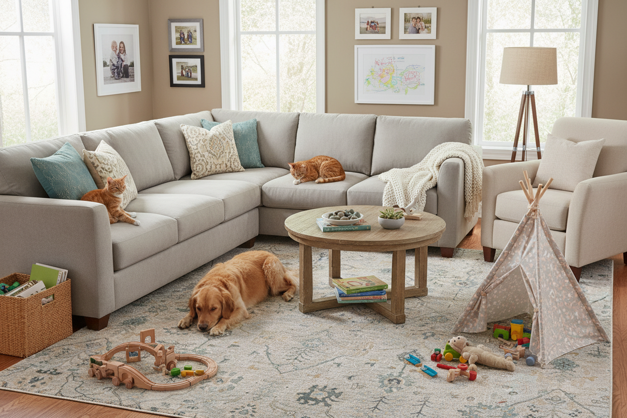 Durable machine-woven rug with high-low texture in family-friendly living room