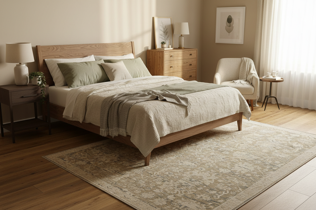 Timeless hand-knotted wool rug in cozy bedroom - vintage styling