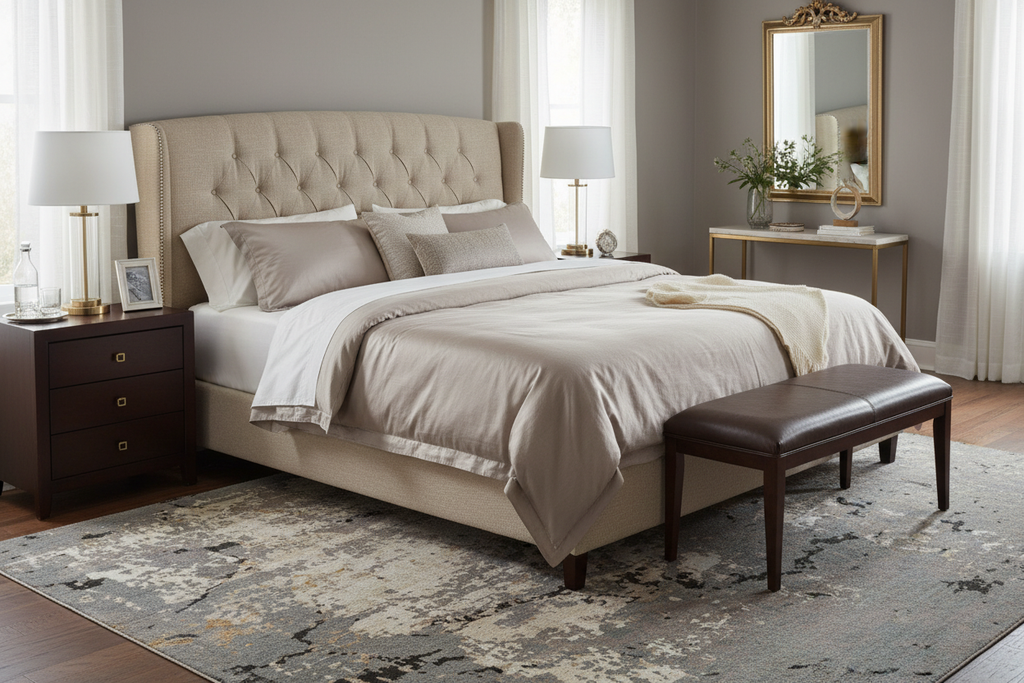 Investment-quality masterpiece hand-knotted rug in master bedroom - ready to ship