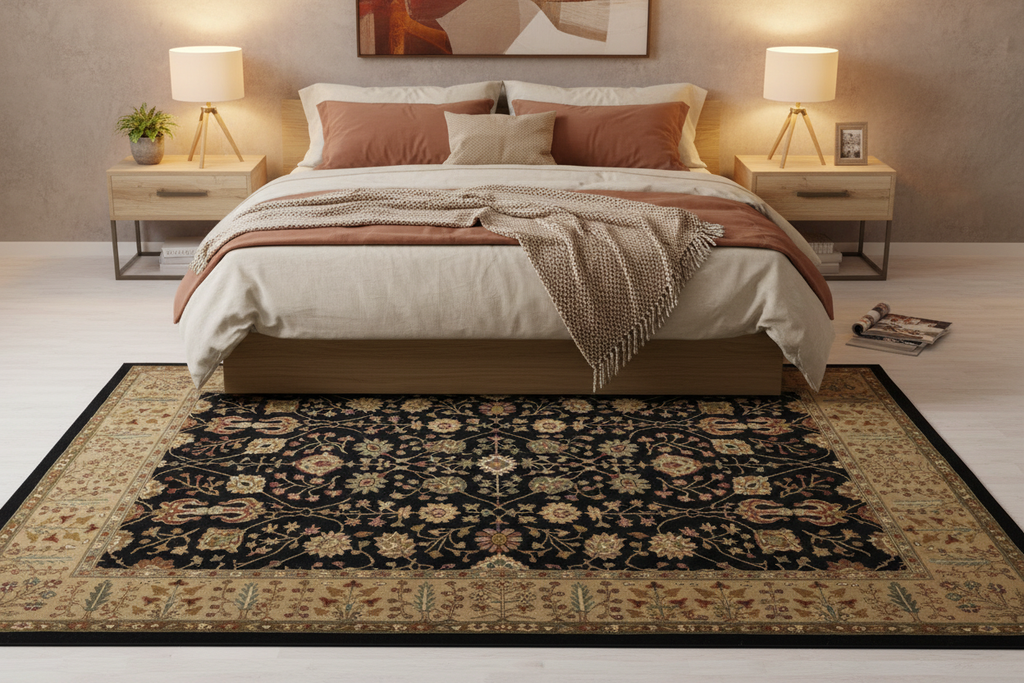 Turkish area rug 8'6" x 11'3" in bedroom setting - perfect for new homeowners - hand-tufted quality
