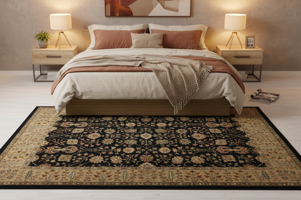 Turkish area rug 8'6" x 11'3" in bedroom setting - perfect for new homeowners - hand-tufted quality