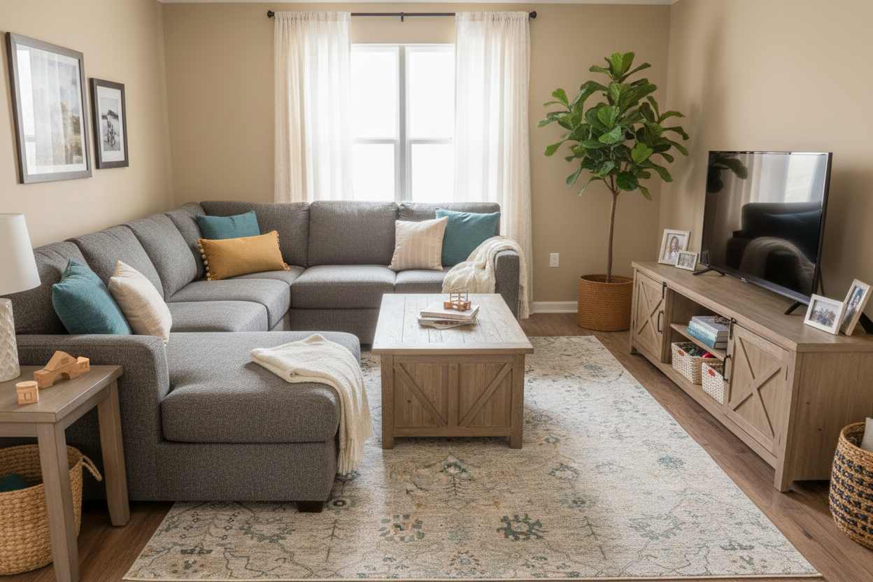 Stain-resistant machine-woven rug in cozy family room - ready to ship