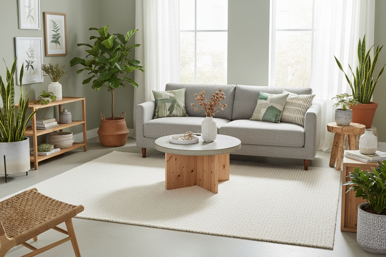 Eco-friendly hand-woven rug 8' x 10' in modern living room - sustainable recycled PET - green living