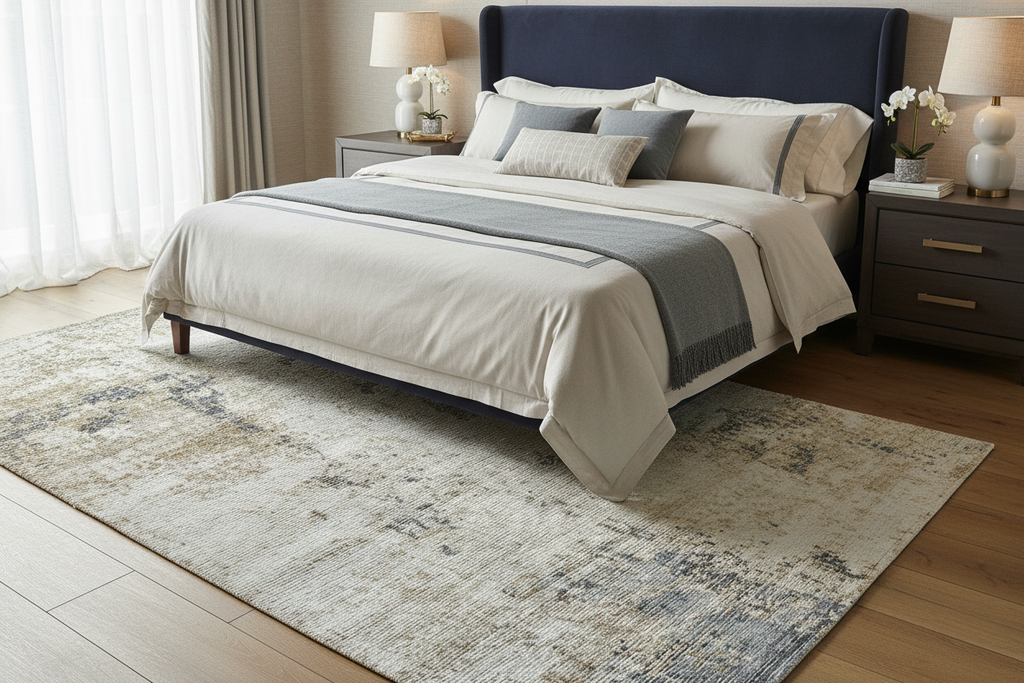 Plush hand-knotted rug in master bedroom - perfect for new homeowners - ready to ship