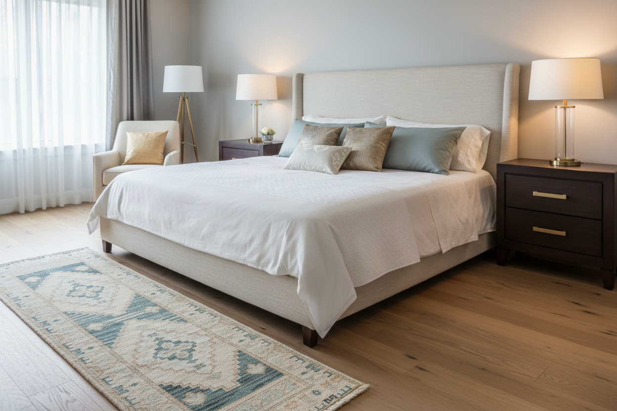 Luxurious hand-knotted rug in master bedroom - heirloom quality