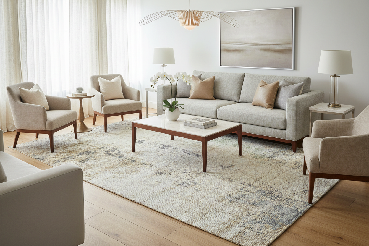 Luxurious hand-knotted rug 8' x 10' in modern living room - interior designer quality - viscose wool linen blend with high-low texture